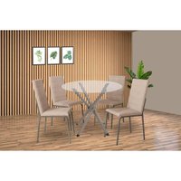 Sala de Jantar Completa Volga c/ Tampo de Vidro 95cm e 4 Cadeiras Amsterdã Niquel - Courano Bege - Kappesberg