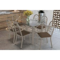 Sala de Jantar Completa Elba c/ Tampo de Vidro 120cm e 6 Cadeiras Holanda Niquel - Courano Marrom - Kappesberg