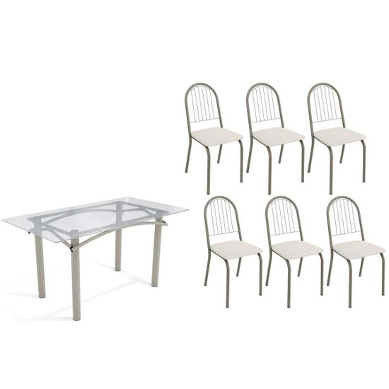 Sala de Jantar Completa Elba c/ Tampo de Vidro 150cm e 6 Cadeiras Noruega Niquel - Courano Branco - Kappesberg