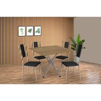 Sala de Jantar Completa Volga c/ Tampo de Madeira 90cm e 4 Cadeiras Lisboa Niquel/Nogueira - Courano Preto - Kappesberg