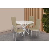 Sala de Jantar Completa Volga c/ Tampo de Vidro 95cm e 4 Cadeiras Amsterdã Cromada - Courano Capuccino - Kappesberg