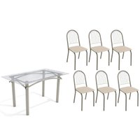 Sala de Jantar Completa Elba c/ Tampo de Vidro 140cm e 6 Cadeiras Noruega Niquel - Courano Bege - Kappesberg