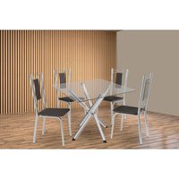 Sala de Jantar Completa Volga c/ Tampo de Vidro 90cm e 4 Cadeiras Florença Cromada - Courano Preto - Kappesberg