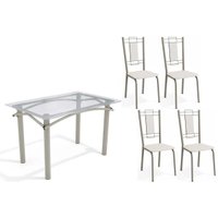 Sala de Jantar Completa Elba c/ Tampo de Vidro 120cm e 4 Cadeiras Florença Niquel - Courano Branco - Kappesberg