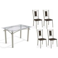 Sala de Jantar Completa Elba c/ Tampo de Vidro 120cm e 4 Cadeiras Florença Niquel - Courano Marrom - Kappesberg
