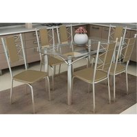 Sala de Jantar Completa Elba c/ Tampo de Vidro 120cm e 6 Cadeiras Lisboa Cromada - Courano Capuccino - Kappesberg