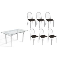 Sala de Jantar Completa Elba c/ Tampo de Vidro 150cm e 6 Cadeiras Noruega Cromada - Courano Preto - Kappesberg