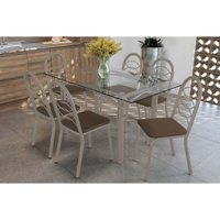 Sala de Jantar Completa Elba c/ Tampo de Vidro 150cm e 6 Cadeiras Holanda Niquel - Courano Marrom - Kappesberg