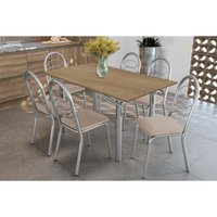 Sala de Jantar Completa Elba c/ Tampo de Madeira 160cm e 6 Cadeiras Holanda Cromada/Nogueira - Courano Bege - Kappesberg