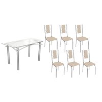 Sala de Jantar Completa Elba c/ Tampo de Vidro 150cm e 6 Cadeiras Lisboa Cromada - Courano Bege - Kappesberg