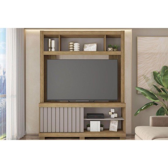 Home p/ TV até 65 Pol Cinne c/ Ripado Pés 160x203cm Lamina Mel/Cacao - Caemmun