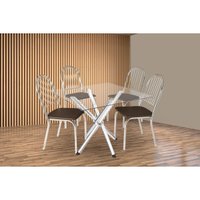 Sala de Jantar Completa Volga c/ Tampo de Vidro 90cm e 4 Cadeiras Noruega Cromada - Courano Marrom - Kappesberg