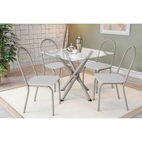 Sala de Jantar Completa Volga c/ Tampo de Vidro 90cm e 4 Cadeiras Noruega Niquel - Courano Branco - Kappesberg