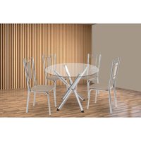 Sala de Jantar Completa Volga c/ Tampo de Vidro 95cm e 4 Cadeiras Florença Cromada - Courano Bege - Kappesberg