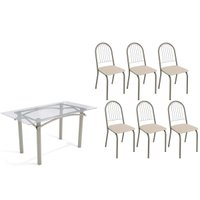 Conjunto: Mesa de Cozinha Elba c/ Tampo de Vidro 150cm e 6 Cadeiras Noruega Niquel - Courano Bege - Kappesberg