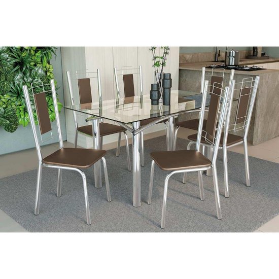 Conjunto: Mesa de Cozinha Elba c/ Tampo de Vidro 140cm e 6 Cadeiras Florença Cromada - Courano Marrom - Kappesberg