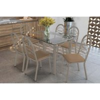 Conjunto: Mesa Sala Jantar Elba c/ Tampo de Vidro 120cm e 6 Cadeiras Holanda Niquel - Courano Capuccino - Kappesberg