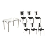 Conjunto: Mesa de Cozinha Elba c/ Tampo de Vidro 120cm e 6 Cadeiras Lisboa Niquel - Courano Preto - Kappesberg