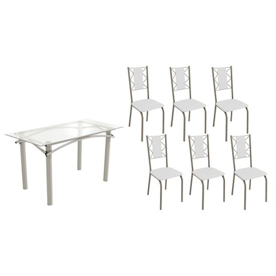 Sala de Jantar Completa Elba c/ Tampo de Vidro 150cm e 6 Cadeiras Lisboa Niquel - Courano Branco - Kappesberg