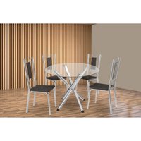 Conjunto: Mesa Sala Jantar Volga c/ Tampo de Vidro 95cm e 4 Cadeiras Florença Cromada - Courano Preto - Kappesberg