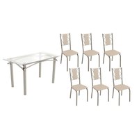 Conjunto: Mesa de Cozinha Elba c/ Tampo de Vidro 140cm e 6 Cadeiras Lisboa Niquel - Courano Bege - Kappesberg