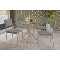 Conjunto: Mesa Sala Jantar Volga c/ Tampo de Vidro 90cm e 4 Cadeiras Zaria Niquel - Boucle Cinza - Kappesberg