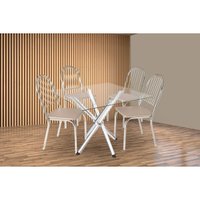 Conjunto: Mesa Sala Jantar Volga c/ Tampo de Vidro 90cm e 4 Cadeiras Noruega Cromada - Courano Bege - Kappesberg