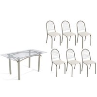 Conjunto: Mesa de Cozinha Elba c/ Tampo de Vidro 150cm e 6 Cadeiras Noruega Niquel - Courano Branco - Kappesberg