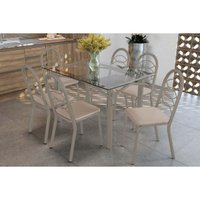 Conjunto: Mesa Sala Jantar Elba c/ Tampo de Vidro 120cm e 6 Cadeiras Holanda Niquel - Courano Bege - Kappesberg