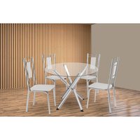 Sala de Jantar Completa Volga c/ Tampo de Vidro 95cm e 4 Cadeiras Florença Cromada - Courano Branco - Kappesberg
