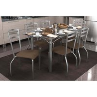 Conjunto: Mesa de Cozinha Elba c/ Tampo de Vidro 140cm e 6 Cadeiras Portugal Cromada - Courano Marrom - Kappesberg