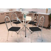 Kit 4 Cadeiras Sala Jantar Volga c/ Tampo de Vidro 95cm e 4 Cadeiras Holanda Cromada - Courano Preto - Kappesberg