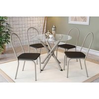 Conjunto: Mesa Sala Jantar Volga c/ Tampo de Vidro 95cm e 4 Cadeiras Noruega Niquel - Courano Preto - Kappesberg