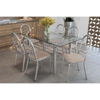 Sala de Jantar Completa Elba c/ Tampo de Vidro 150cm e 6 Cadeiras Holanda Cromada - Courano Bege - Kappesberg