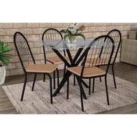 Conjunto: Mesa de Cozinha Volga c/ Tampo de Vidro 90cm e 4 Cadeiras Noruega Preto - Capuccino - Kappesberg