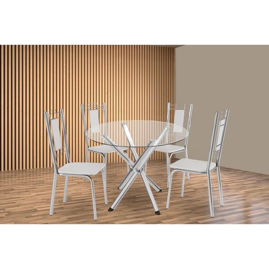 Conjunto: Mesa de Cozinha Volga c/ Tampo de Vidro 95cm e 4 Cadeiras Florença Cromada - Courano Branco - Kappesberg