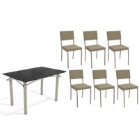 Conjunto: Mesa de Cozinha Elba Tampo Madeirado c/ Vidro 120cm e 6 Cadeiras Zaria Niquel/Preto - Boucle Bege - Kappesberg