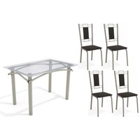 Conjunto: Mesa de Cozinha Elba c/ Tampo de Vidro 120cm e 4 Cadeiras Florença Niquel - Courano Preto - Kappesberg
