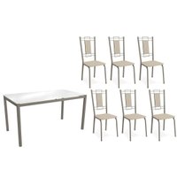 Conjunto: Mesa Sala Jantar Reno c/ Tampo de Vidro 150cm e 4 Cadeiras Florença Niquel - Courano Bege - Kappesberg