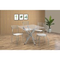 Kit 4 Cadeiras Sala Jantar Volga c/ Tampo de Vidro 90cm e 4 Cadeiras Portugal Niquel - Courano Branco - Kappesberg