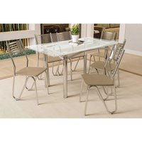 Conjunto: Mesa de Cozinha Elba c/ Tampo de Vidro 150cm e 6 Cadeiras Nápoles Cromada - Courano Bege - Kappesberg