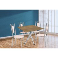 Conjunto: Mesa Sala Jantar Volga c/ Tampo de Madeira 90cm e 4 Cadeiras Florença Cromado/Nogueira - Bege - Kappesberg