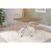 Conjunto: Mesa de Cozinha Volga c/ Tampo de Madeira 90cm e 4 Cadeiras Noruega Cromado/Nogueira - Bege - Kappesberg