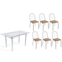 Conjunto: Mesa de Cozinha Elba c/ Tampo de Vidro 140cm e 6 Cadeiras Noruega Cromada - Courano Capuccino - Kappesberg
