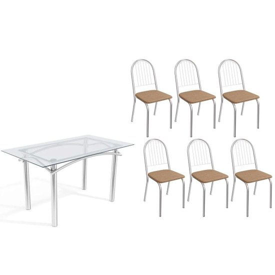 Conjunto: Mesa de Cozinha Elba c/ Tampo de Vidro 140cm e 6 Cadeiras Noruega Cromada - Courano Capuccino - Kappesberg