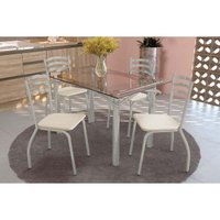Conjunto: Mesa de Cozinha Elba c/ Tampo de Vidro 140cm e 6 Cadeiras Portugal Niquel - Courano Bege - Kappesberg