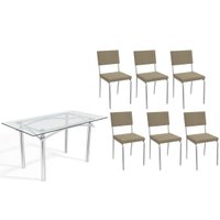 Conjunto: Mesa de Cozinha Elba c/ Tampo de Vidro 150cm e 6 Cadeiras Zaria Cromada - Boucle Bege - Kappesberg