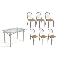 Conjunto: Mesa de Cozinha Elba c/ Tampo de Vidro 120cm e 6 Cadeiras Noruega Niquel - Courano Capuccino - Kappesberg