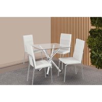 Conjunto: Mesa de Cozinha Volga c/ Tampo de Vidro 90cm e 4 Cadeiras Amsterdã Cromada - Courano Branco - Kappesberg