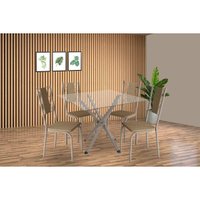 Conjunto: Mesa de Cozinha Volga c/ Tampo de Vidro 90cm e 4 Cadeiras Lisboa Niquel - Courano Capuccino - Kappesberg